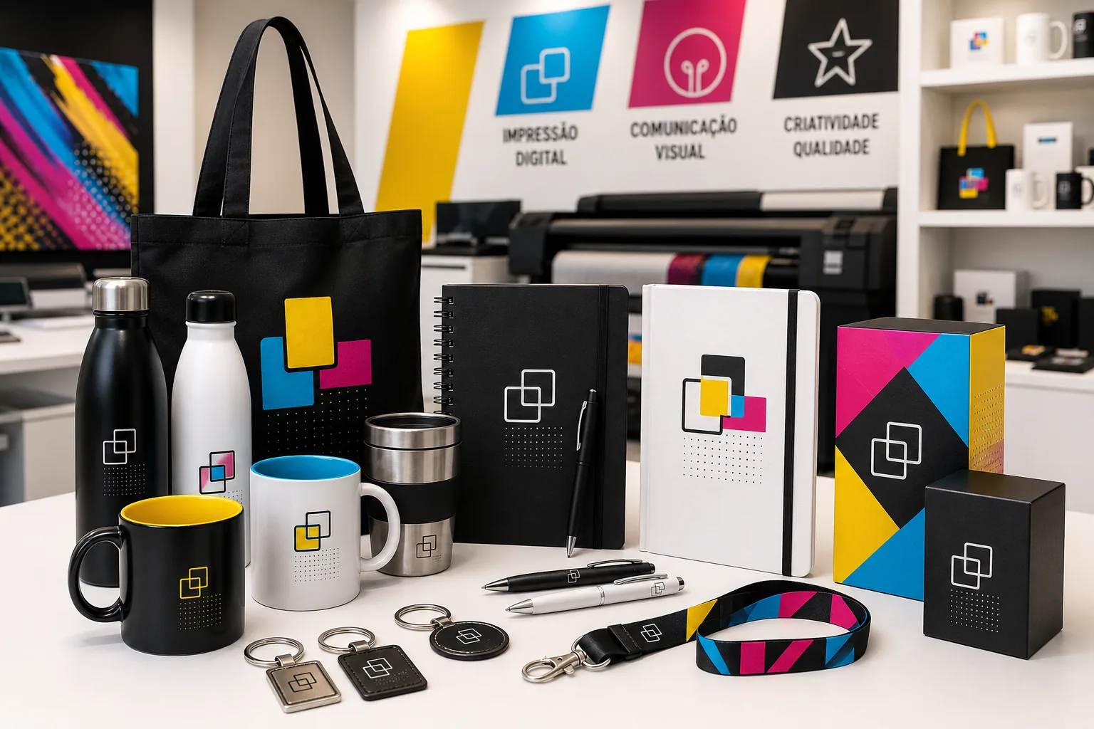 Brindes personalizados como canecas, garrafas, sacolas, cadernos e canetas