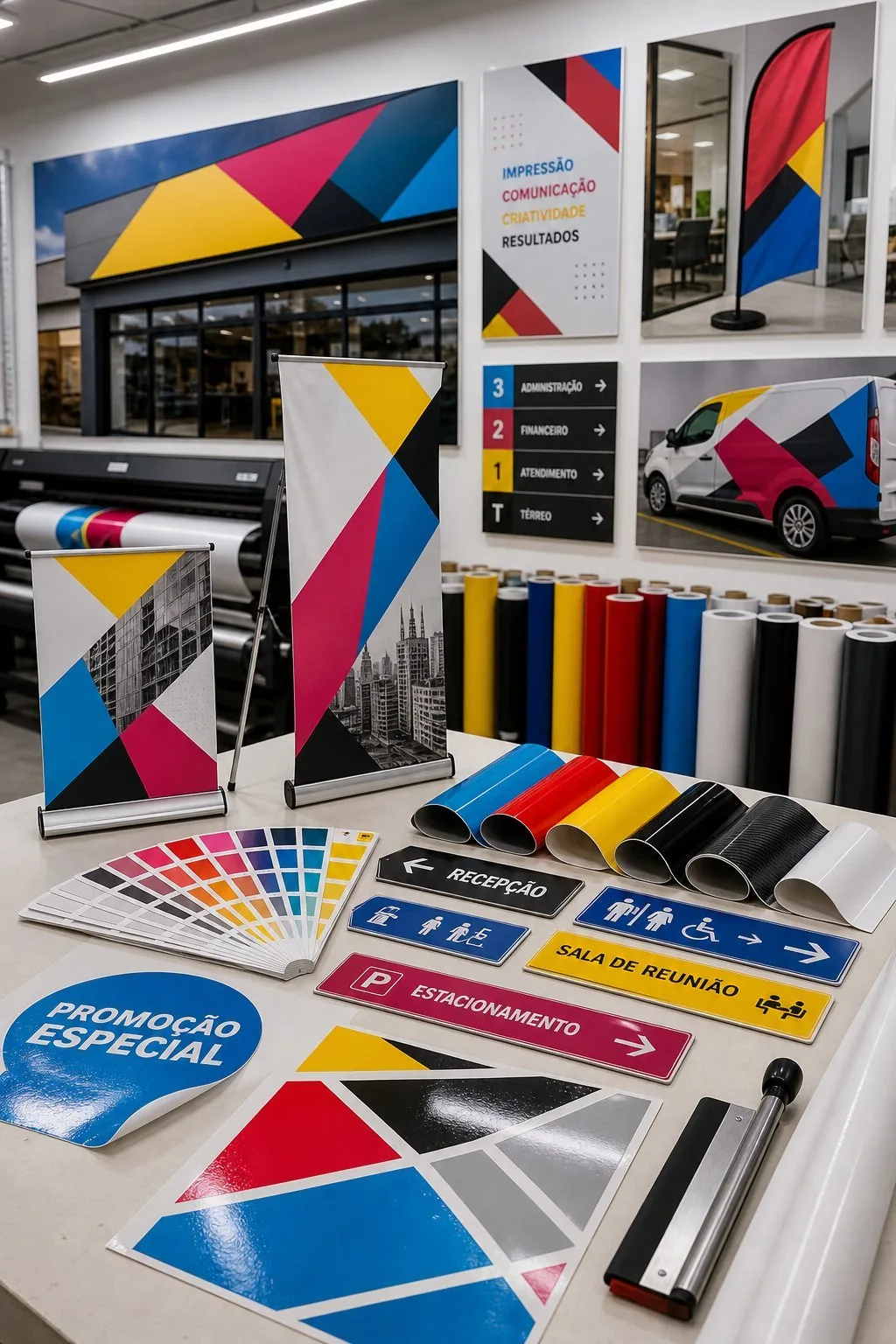 Banners, adesivos, placas e materiais de comunicação visual