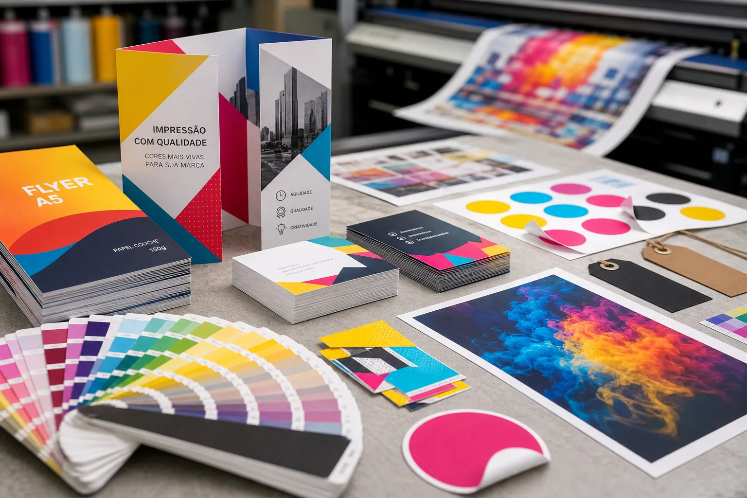 Materiais impressos de gráfica digital, flyers, cartões e catálogos